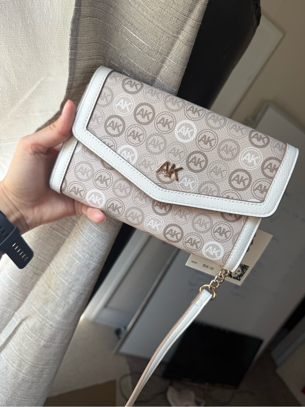 Anne Klein Beige and White Logo Crossbody Wallet
